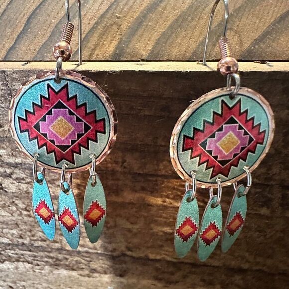 Handmade Boho Copper Earrings, Diamond Cut Native American Drop Earrings, Gift - Picture 2 of 9